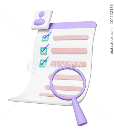 3d Id card with checklist paper, magnifying glass, clipboard isolated. recruitment staff, human resources, job search, job application concept, 3d render illustration 104332586