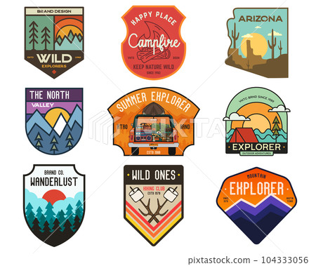 Set of vintage camping badges featuring various wilderness-themed designs including hiking, mountains, forests, and outdoor activities. Stock vector travel labels 104333056
