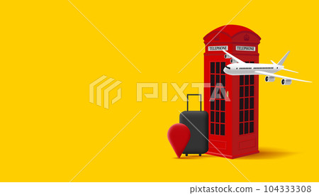 red telephone London box with plane and suitecase, 3d render illustration, british trip 104333308