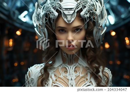 Beautiful female cyber fashion robot on the futuristic techno background. Artificial Intelligence. Quantum computer. AI generative 104334047
