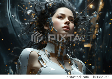 Beautiful female cyber fashion robot on the futuristic techno background. Artificial Intelligence. Quantum computer. AI generative 104334048