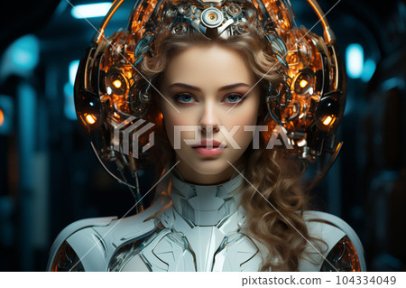 Beautiful female cyber fashion robot on the futuristic techno background. Artificial Intelligence. Quantum computer. AI generative Beautiful female cyber fashion robot on the futuristic techno background. Artificial Intelligence. Quantum computer. AI generative 104334049