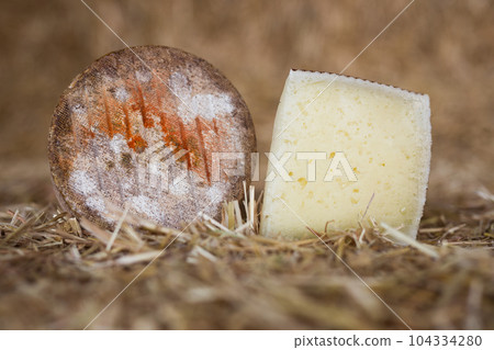 head and chunks of aged hard cheese in hayloft 104334280