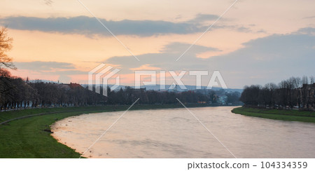 sunrise at the river uzh. beautiful spring urban scenery in morning light sunrise at the river uzh. beautiful spring urban scenery in morning light 104334359