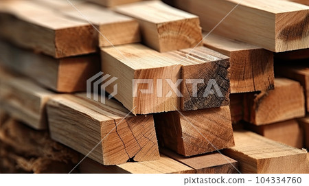 Wooden boards are stacked in a sawmill or carpentry shop. Sawing drying and marketing of wood. Industrial background 104334760