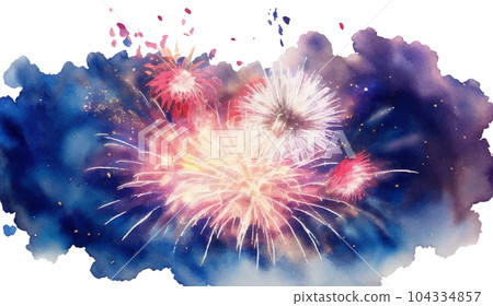 Watercolor illustration of fireworks shining in the night sky Generative AI 104334857