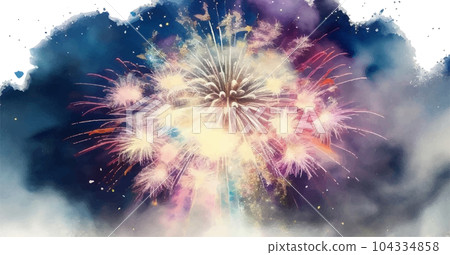 Watercolor illustration of fireworks shining in the night sky Generative AI 104334858