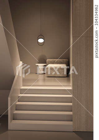 Beige livingroom interior with stairs, ceiling night lighting lamp and concrete floor. Mock up canvas poster. Panoramic background. 3d rendering. High quality 3d illustration 104334962