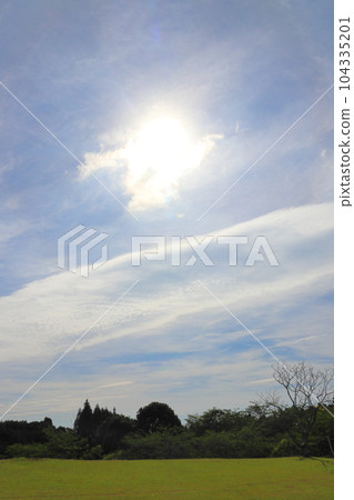 Blue sky, clouds, sun, trees, meadow 104335201