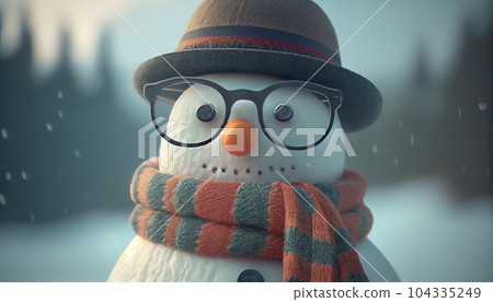 Merry christmas and happy new year greeting card with copy-space.Happy smart snowman standing in christmas landscape. Snow background. Winter fairytale. Merry christmas and happy new year greeting card with copy-space.Happy smart snowman standing in christmas landscape. Snow background. Winter fairytale. 104335249