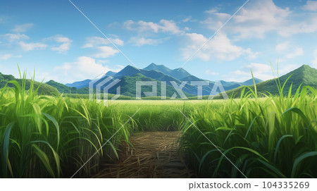Agriculture, Sugarcane field at sunset. Sugar cane plant tree in countryside for food industry or renewable bioenergy power. 104335269