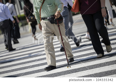 Elderly man crossing the pedestrian crossing with a cane 104335342