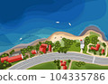 Coastline with road and houses on a summer day from top. Vector illustration 104335786