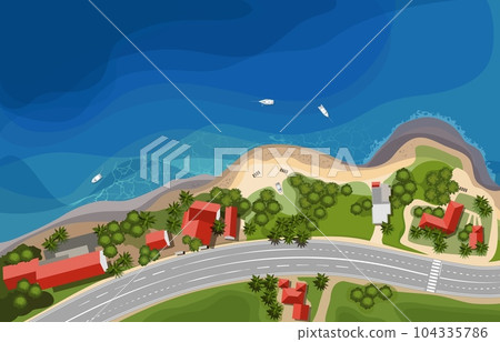 Coastline with road and houses on a summer day from top. Vector illustration 104335786