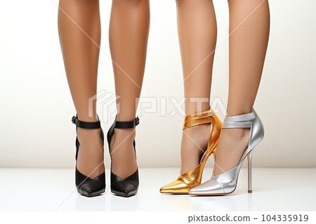 Beautiful female legs with silver and gold heels isolated on white background illustration generative ai Beautiful female legs with silver and gold heels isolated on white background illustration generative ai 104335919