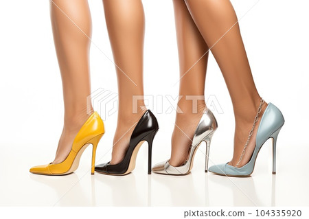 Beautiful female legs with silver and gold heels isolated on white background illustration generative ai Beautiful female legs with silver and gold heels isolated on white background illustration generative ai 104335920
