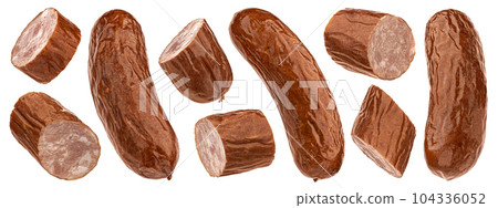 Smoked bratwurst sausage isolated on white background Smoked bratwurst sausage isolated on white background 104336052