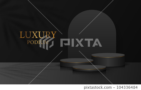 Realistic black gold line cylinder 3D room pedestal podium set palm leaf shadow overlay minimal scene product display presentation stage for showcase vector Realistic black gold line cylinder 3D room pedestal podium set palm leaf shadow overlay minimal scene product display presentation stage for showcase vector 104336484