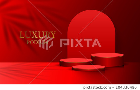 Realistic red cylinder 3D room pedestal podium set palm leaf shadow overlay minimal scene product display presentation stage for showcase vector Realistic red cylinder 3D room pedestal podium set palm leaf shadow overlay minimal scene product display presentation stage for showcase vector 104336486