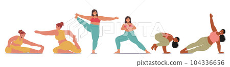 Plus Size Women Characters Gracefully Practicing Yoga, Chubby Girls Breaking Stereotypes, And Promoting Body Positivity 104336656