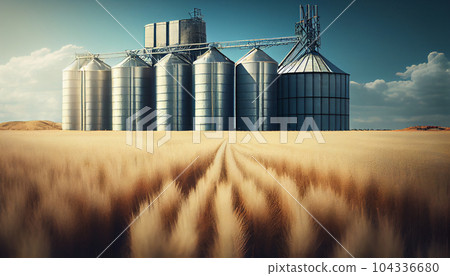 Silos in a barley field. Storage of agricultural production. 104336680