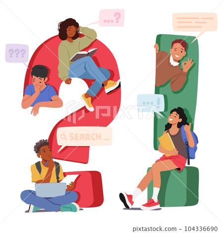 Set of Characters near the Huge Question And Exclamation Signs, Symbolizing Confusion, Uncertainty And Curiosity Set of Characters near the Huge Question And Exclamation Signs, Symbolizing Confusion, Uncertainty And Curiosity 104336690