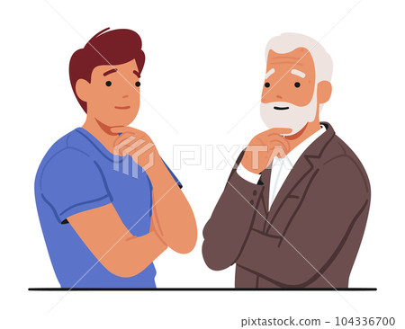 Poignant Moment Where A Young And Old Man Characters Stand Face to Face, Deep In Thought, Touching Their Chins Poignant Moment Where A Young And Old Man Characters Stand Face to Face, Deep In Thought, Touching Their Chins 104336700