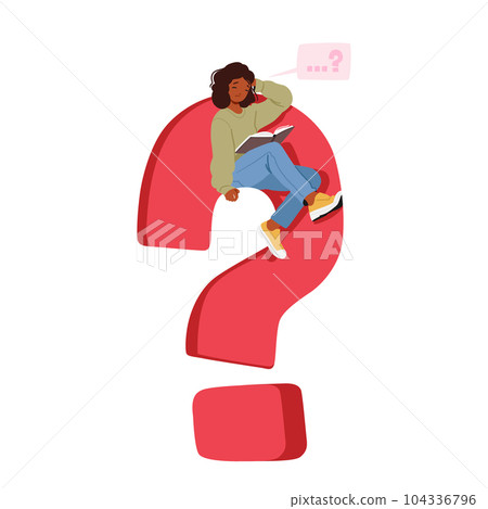 Contemplative Female Character Seated On Huge Red Question Mark with Speech Bubble over Head, Portraying Introspection Contemplative Female Character Seated On Huge Red Question Mark with Speech Bubble over Head, Portraying Introspection 104336796