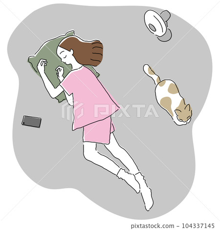 睡覺的家居服女人和貓 睡覺的家居服女人和貓 104337145