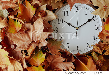 autumn flat lay with clock and leaves 104337490