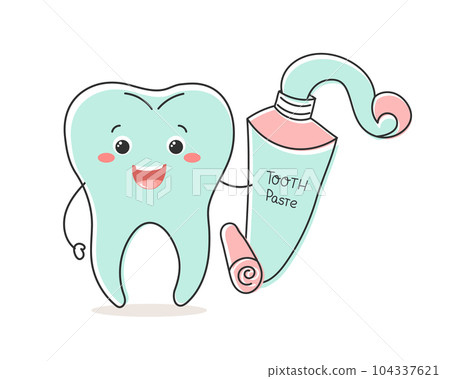 Healthy tooth character kawaii with a tube of toothpaste, cute cartoon character. Dental care. Illustration, icon, vector Healthy tooth character kawaii with a tube of toothpaste, cute cartoon character. Dental care. Illustration, icon, vector 104337621