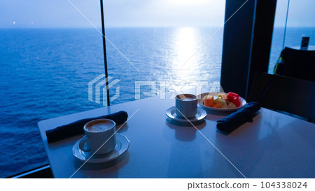 Dining Room Buffet aboard the abstract luxury cruise ship. Healthy breakfast at modern liner concept 104338024