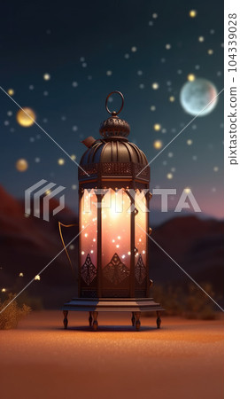 Realistics lantern Eid Greetings, Crescent Moon and Illuminated Lanterns on a Serene Background. Realistics lantern Eid Greetings, Crescent Moon and Illuminated Lanterns on a Serene Background. 104339028