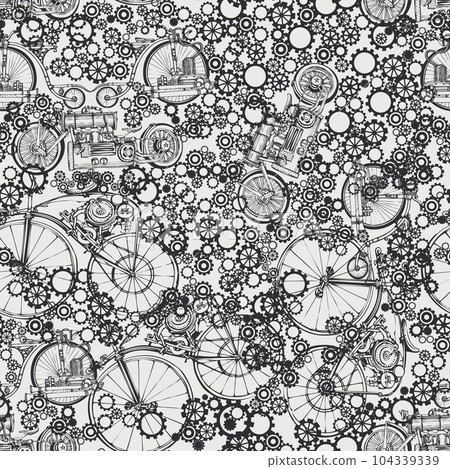 Seamless pattern Steampunk with old bikes and gears. Template steampunk design for card. Steampunk style. Seamless pattern Steampunk with old bikes and gears. Template steampunk design for card. Steampunk style. 104339339