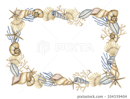 Seashell Rectangular Frame. Hand drawn watercolor illustration of border with sea shells and starfishes on white isolated background for greeting cards or invitations. Background with cockleshells. 104339404