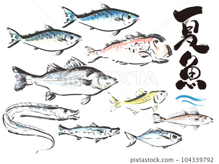 Hand-painted Japanese-style materials Summer season fish set facing right 104339792