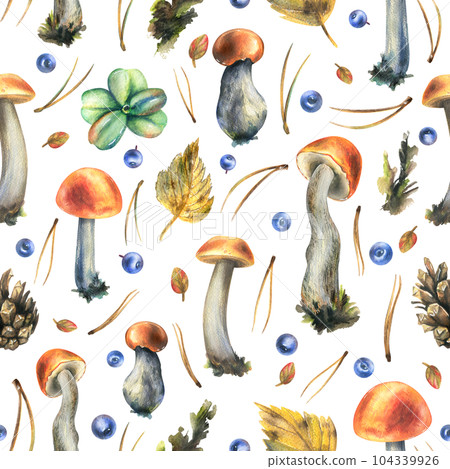 Forest edible boletus mushrooms with blueberries, cones, autumn leaves and twigs. Watercolor illustration, hand drawn. Seamless pattern on a white background. 104339926