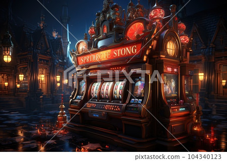 Slot Machine Symphony: Experience the enchanting symphony of slot machines from the viewpoint of the spinning reels illustration generative ai 104340123