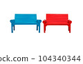 Two red and blue chairs on a white background. 104340344