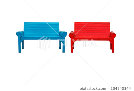 Two red and blue chairs on a white background. 104340344