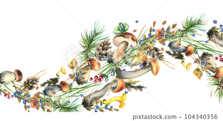 Forest mushrooms, boletus, chanterelles and blueberries, lingonberries, twigs, cones, leaves. Watercolor illustration, hand drawn template on a white background. Forest mushrooms, boletus, chanterelles and blueberries, lingonberries, twigs, cones, leaves. Watercolor illustration, hand drawn template on a white background. 104340356