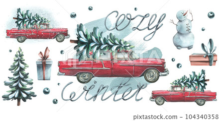 Red retro car with a Christmas tree on the roof, a snowman, gift boxes and the inscription cozy winter. Watercolor illustration, hand drawn. Set of compositions and elements on a white background. 104340358