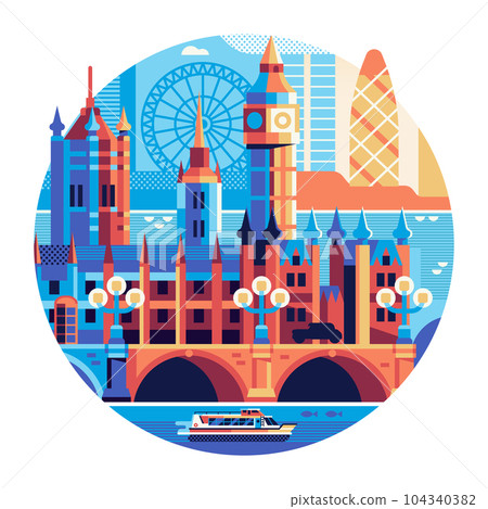 Travel London Circle Icon with Big Ben and Thames 104340382