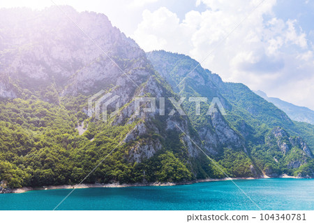 Landscape view of big lake between mountains at summer day 104340781