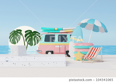 3D render Summer vacation abstract product display, Minimal Realistic Display Podium in the blue ocean sea background concept, Cosmetics with tropical summer island, umbrella, inflatable ring. 104341065