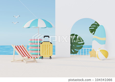 3D render Summer vacation abstract product display, Minimal Realistic Display Podium in the blue ocean sea background concept, Cosmetics with tropical summer island, umbrella, inflatable ring. 3D render Summer vacation abstract product display, Minimal Realistic Display Podium in the blue ocean sea background concept, Cosmetics with tropical summer island, umbrella, inflatable ring. 104341066