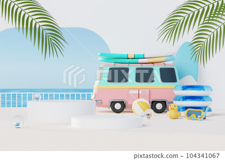 3D render Summer vacation abstract product display, Minimal Realistic Display Podium in the blue ocean sea background concept, Cosmetics with tropical summer island, umbrella, inflatable ring. 3D render Summer vacation abstract product display, Minimal Realistic Display Podium in the blue ocean sea background concept, Cosmetics with tropical summer island, umbrella, inflatable ring. 104341067