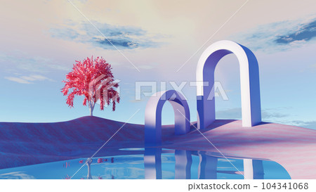 3d render Surreal pastel landscape background with geometric shapes, abstract fantastic desert dune in seasoning landscape with arches, panoramic, futuristic scene with copy space, blue sky and cloudy 3d render Surreal pastel landscape background with geometric shapes, abstract fantastic desert dune in seasoning landscape with arches, panoramic, futuristic scene with copy space, blue sky and cloudy 104341068