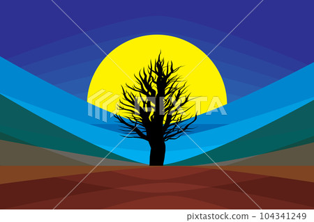 Illustration abstract of silhouette tree with yellow circle on multi color background. Illustration abstract of silhouette tree with yellow circle on multi color background. 104341249