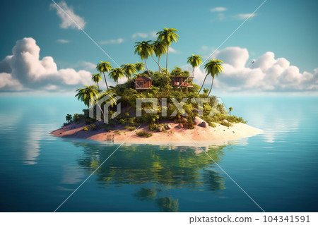 Tropical island with palm trees and hut surrounded blue water 104341591